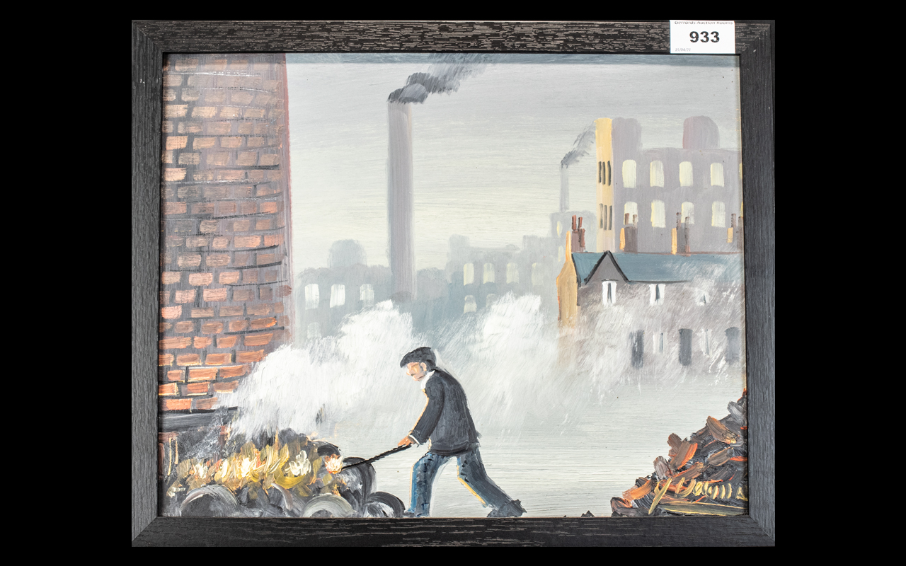 Northern Industrial School Oil on Board depicting a foundry worker stoking coal, signed J Downie; 12