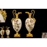 Royal Worcester Fine Pair of Hand Painted Twin Mask Handle Ewer's / Jugs. Each Decorated with