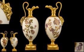 Royal Worcester Fine Pair of Hand Painted Twin Mask Handle Ewer's / Jugs. Each Decorated with