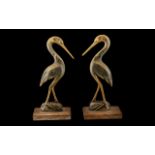 Art Deco Carved Horn Storks, 2 Deco Horn Carvings of Storks on Teak Bases. Each 7 Inches High.
