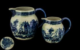 Two Reproduction Ironstone Jugs, 19th century style blue transfer decoration showing a village scene