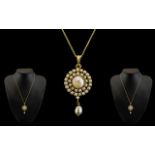 Edwardian Period 15ct Gold Superb and Exquisite Pearl Set Circular Pendant with Large Pearl Set to