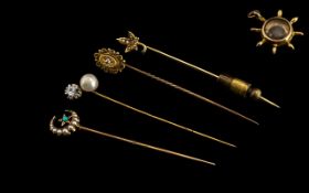 Collection of Antique Gold Jewellery, five items to include four hatpins set with various stones and