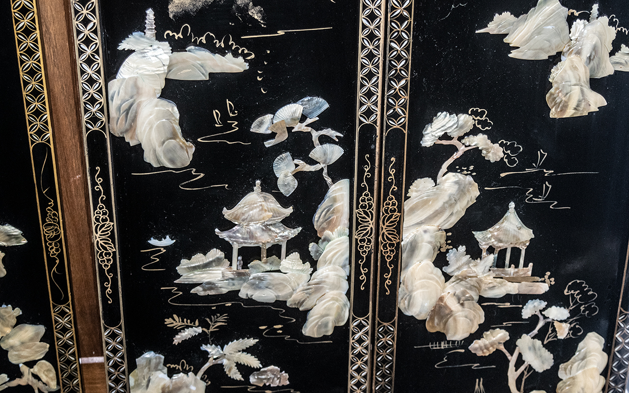 Set of Four Black Lacquered Chinese Wall Panels depicting flowers and birds; 36 inches (90cms) x - Image 2 of 2