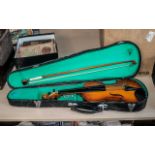 Violin and Bow In Fitted Case. Please See Accompanying Image. A/F. Approx 18.5 Inches In length.