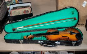 Violin and Bow In Fitted Case. Please See Accompanying Image. A/F. Approx 18.5 Inches In length.