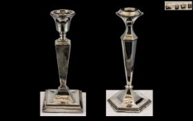 Edwardian Period - Single Sterling Silver Classical Style Square Based Candlestick with Tapered