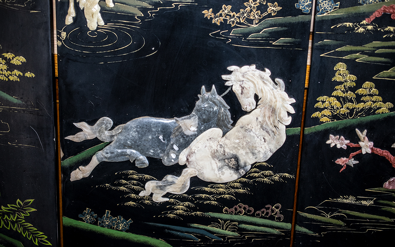 A Six Panel Chinese Lacquered and Hardst - Bild 2 aus 3