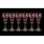 Cranberry Glass - Suite of Six Engraved Liqueur Glasses, made in Czechoslovakia,