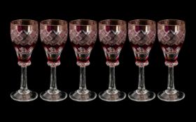 Cranberry Glass - Suite of Six Engraved Liqueur Glasses, made in Czechoslovakia,