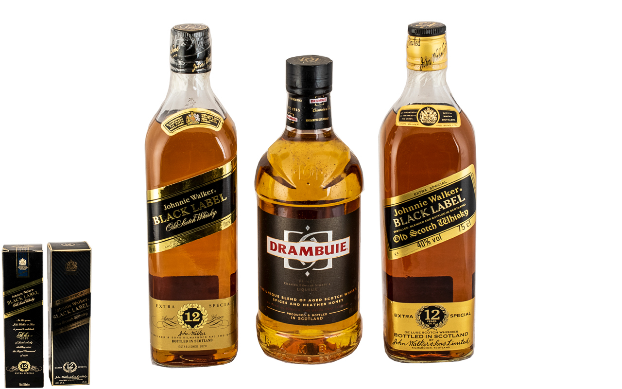 A Fine Trio of Scotch Whiskies, 3, comprising 1/Johnnie Walker Deluxe Black Label Old Scotch Whisky,