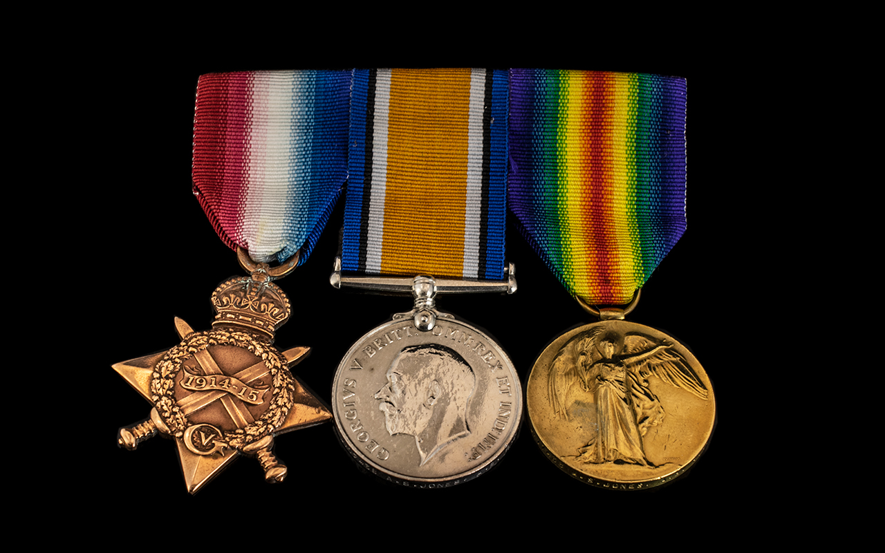 WW1 Medal Group Of Three To Include 1914-15 Star, British War And Victory Medal, All Awarded To J.