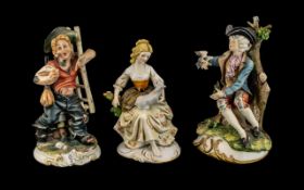 Three Capodimonte Figures, depicting a Youth with a bird, a young girl with a lamb,