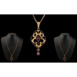 Edwardian Period Ladies 9ct Gold Amethyst Set Ornate Openwork Pendant with attached, later,