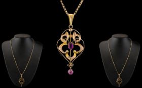 Edwardian Period Ladies 9ct Gold Amethyst Set Ornate Openwork Pendant with attached, later,