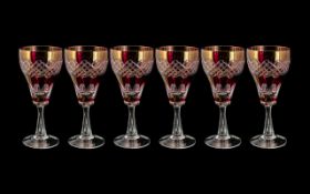 Cranberry Glass - Suite of Six Large Wine Glasses, beautifully decorated, measure 7" tall.