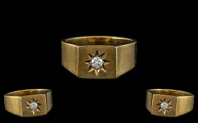 Gents 9ct Yellow Gold Single Stone Diamond Ring In a Star burst Setting. The Modern Round