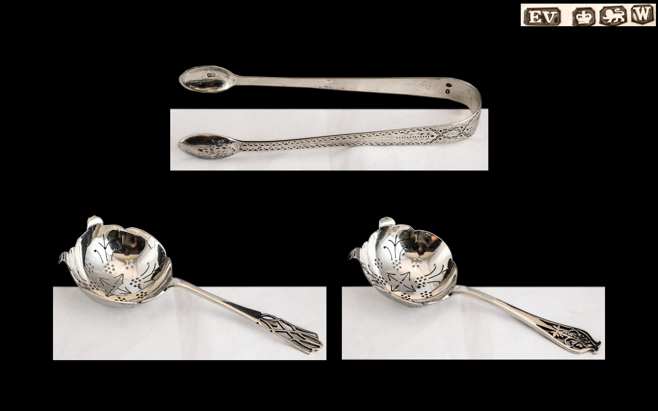 George VI - Pair of Sterling Silver Ornate Tea Strainers by Viner.