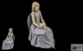 Nao by Lladro Large Porcelain Figure ' Young Girl with Small Cat ' Seated on a Chair. Model No 760.