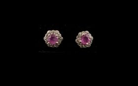 Pink Sapphire Halo Stud Earrings, round cut pink sapphire solitaires,