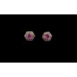 Pink Sapphire Halo Stud Earrings, round cut pink sapphire solitaires,