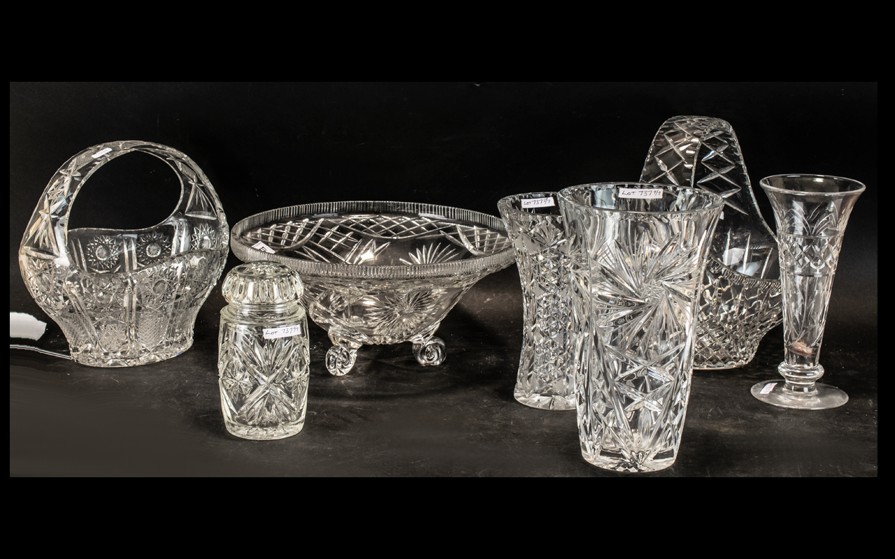 Collection of Crystal Cut Glass Items, comprising two basket bowls, large fruit bowl 12" diameter,