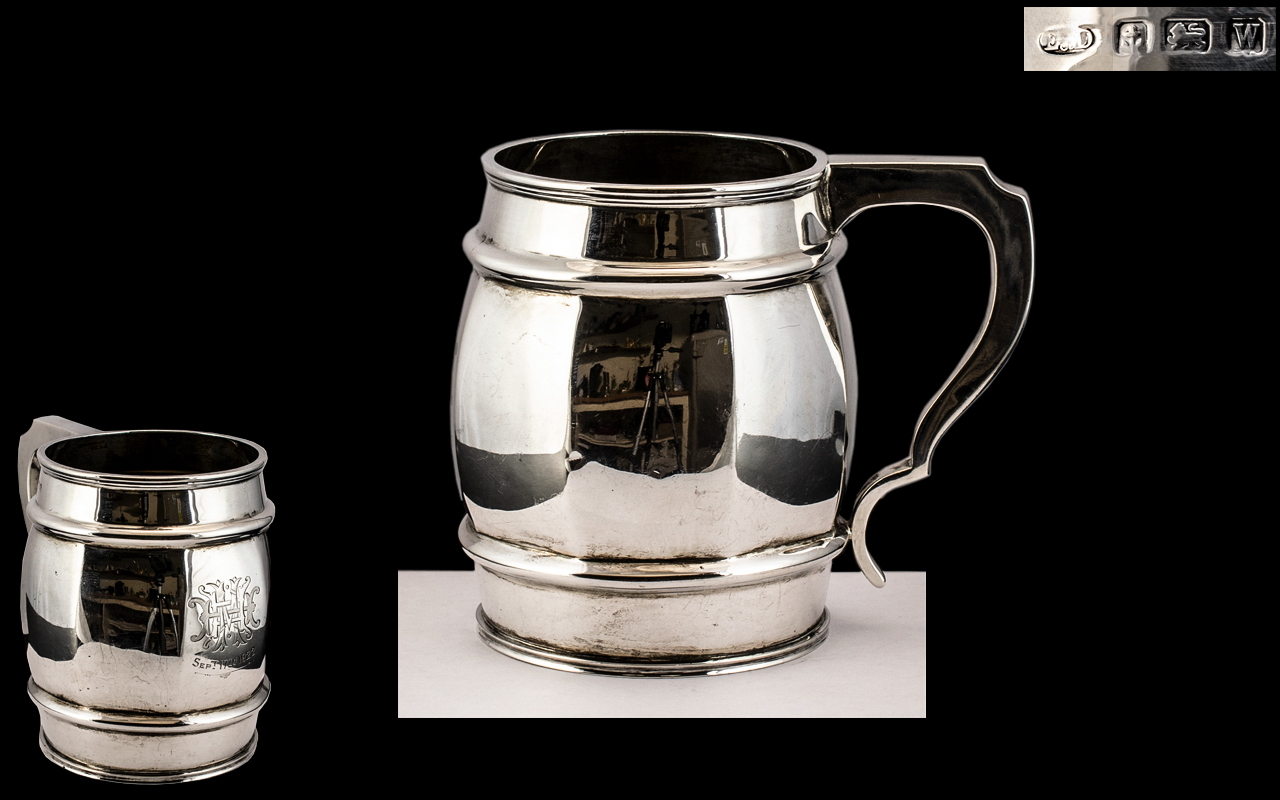 Superb Quality Early 20th Century Scarce Sterling Silver Tankard In the Form of a Barrel.