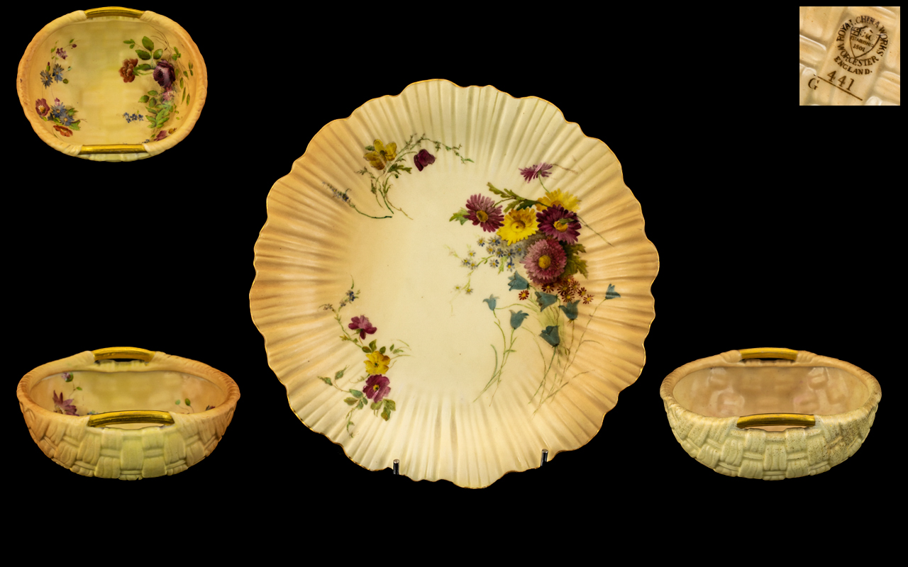 Royal Worcester Trio of Hand Painted Assorted Blush Ivory Porcelain Pieces ( 3 ) Comprises 1/