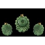 14ct Gold Mounted Green Jade Amulet / Pendant of Pleasing Proportions / Design. Marked 14ct.