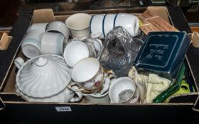 Box of Mixed Porcelain & Glass Items, comprising a glass basket vase, a tall bud vase, a lemon