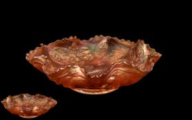 Fenton Orange Carnival Glass Bowl 'Peacock and Urn' Pattern with wavy edge and good lustre finish,