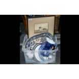 Box of Collectible Porcelain & China, including a large blue and white meat plate,