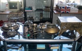 Collection of Metal Ware & Plated Items comprising to antique metal kettles and stand;