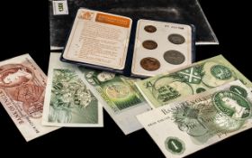 ( 6 ) English Bank Notes with a Set of Britains First Decimal Coins.