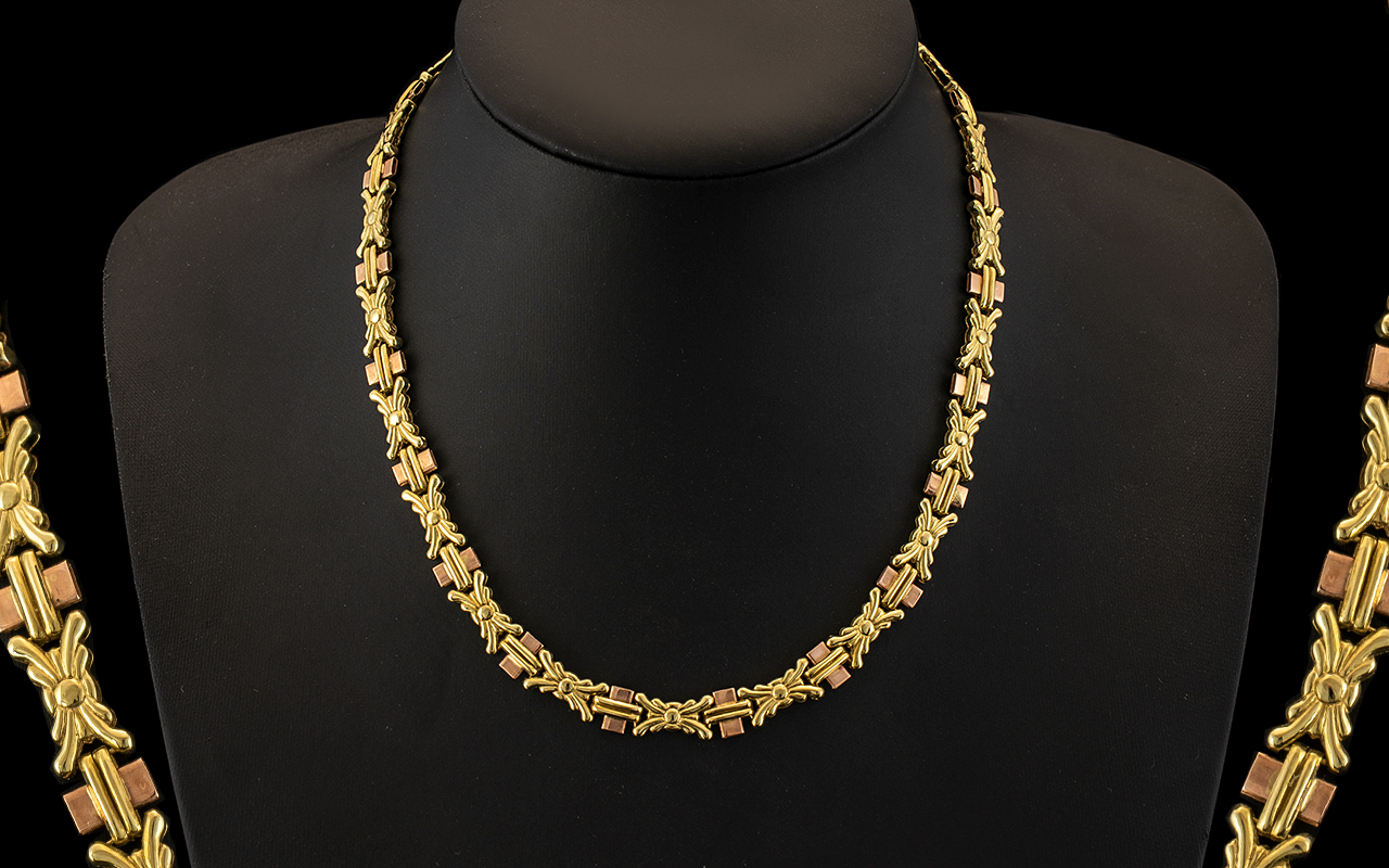 An Attractive and Superior Quality Two Tone 9ct Gold Fancy - Ornate Necklace / Chain. Excellent