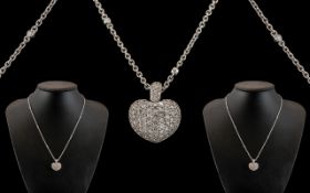 18ct White Gold - Superb Quality and Attractive Heart Shaped Diamond Set Pendant / Locket with