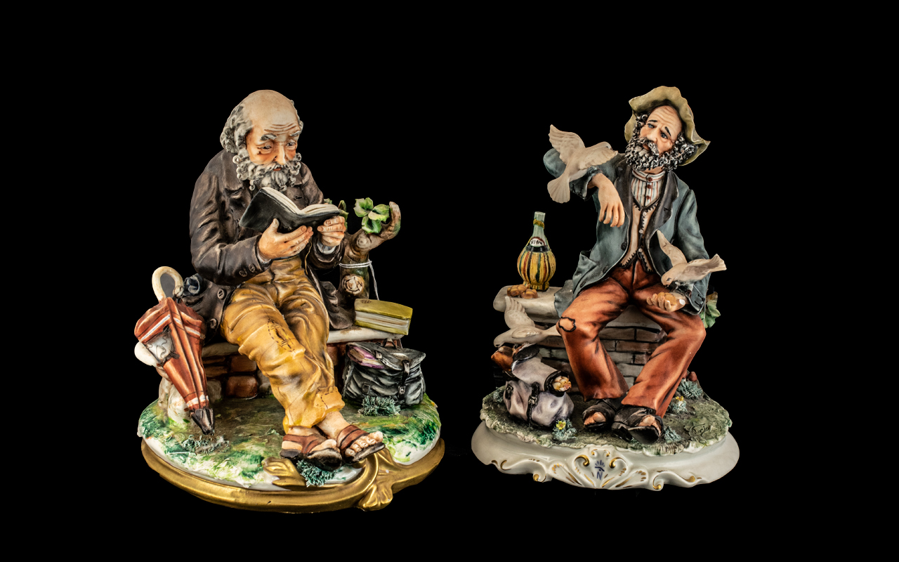 Two Capodimonte Figures, depicting a tramp feeding birds, 10" high,