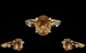 9ct Gold Citrine and Diamond Set Ring. A Stylish Ring, Size N. Please See Photo.