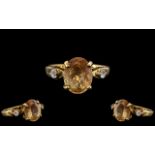 9ct Gold Citrine and Diamond Set Ring. A Stylish Ring, Size N. Please See Photo.
