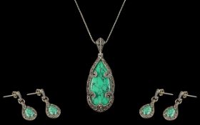 Silver Turquoise Pendant and Necklace with matching earrings; large turquoise pendant set in silver,