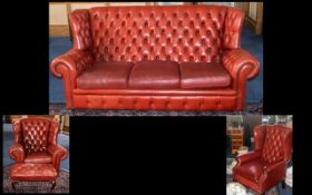 Four Piece Oxblood Button Backed Leather Chesterfield Suite,