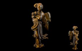 Chinese Antique Tigers Eye Hard stone Carving of a Chinese Maiden Holding a Fan and Peaches In Her