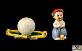 Goebel 1960's Hand Painted Novelty Cruet Set In the Form of a Golfer Boy and Large Golf Ball and