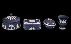 Wedgwood Portland Blue Four Assorted Pieces, comprising large size Candy Box, Egg Candy Box,