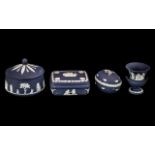 Wedgwood Portland Blue Four Assorted Pieces, comprising large size Candy Box, Egg Candy Box,