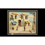 Modern Oil Painting on Board of a Spanish Village Street Scene with Figures. SIgned Vernon Henri.