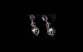 Amethyst Briolette Drop Earrings, each briolette cut, deep purple amethyst, being 11cts, suspended