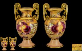 Royal Worcester Ex Artist - Brian Cox Superb and Impressive Signed Pair of Twin Handle Fruit Vases