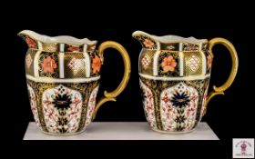 Royal Crown Derby Fine Pair of Old Imari Pattern Gold Banded Large Jugs. Pattern No 1128. c.1980's.