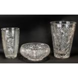 Three Pieces of Lead Crystal, to include two vases and a bowl, largest vase 14" tall x 10" diameter,